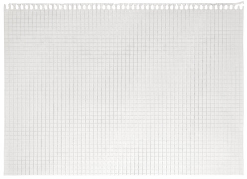 Checked spiral notebook page paper background, old aged white chequered ring binder sheet flat lay A4 copy space, isolated horizontal grey squared pattern maths notepad, torn out stapled blank empty