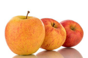 Three sweet ripe apples, close-up, isolated on a white background.