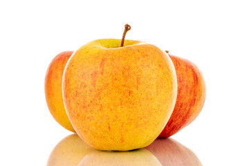 Three sweet ripe apples, close-up, isolated on a white background.