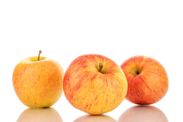 Three sweet ripe apples, close-up, isolated on a white background.