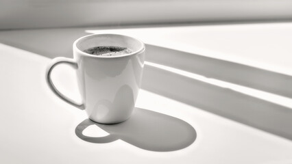 White cup of coffee on a sunlit window sill black and white