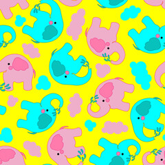 Summer colourful baby pattern, pink and blue elephants, yellow background. Seamless pattern, vector.