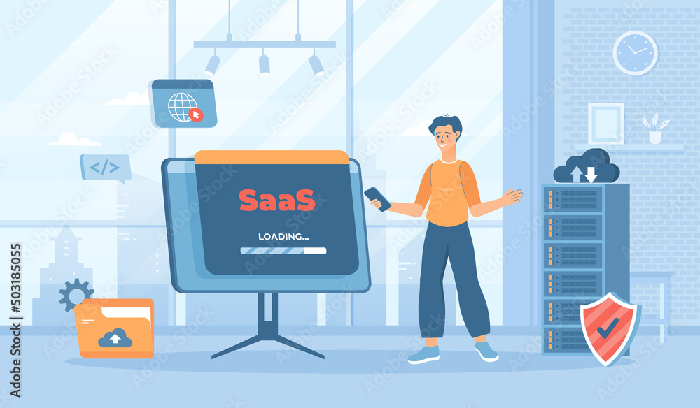 Poster saas concept, software as a service. cloud computing and storage. flat cartoon vector illustration w