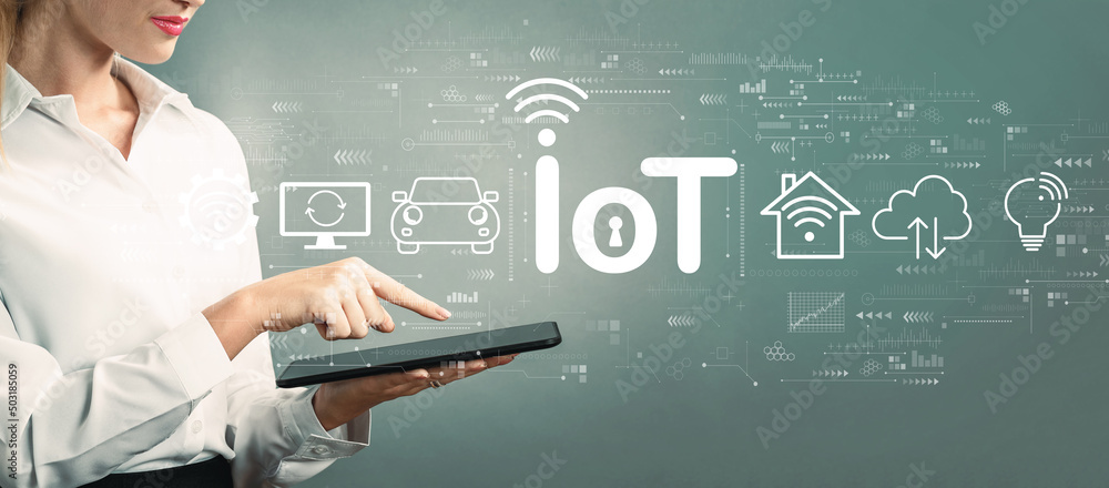 Poster iot theme with business woman using a tablet computer