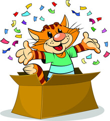 Cat appears from the Box.
A vector illustration of a cartoon striped red cat jumps out of a big box.