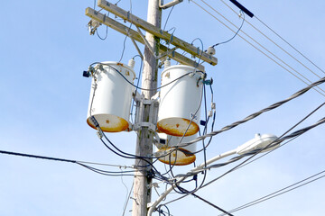 Power Line Pole with a Transformer (Common wooden post in the United States)