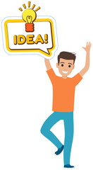 Person near word text on talk shape. Communication, conversation, business planning concept. Sticker, colloquial speech bubble above head of dancing guy. Man creates new idea with light bulb icon