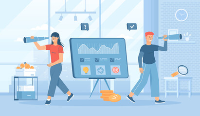 Business vision concept. People looking opportunities, successful strategy, new business ideas. Flat cartoon vector illustration with people characters for banner, website design or landing web page
