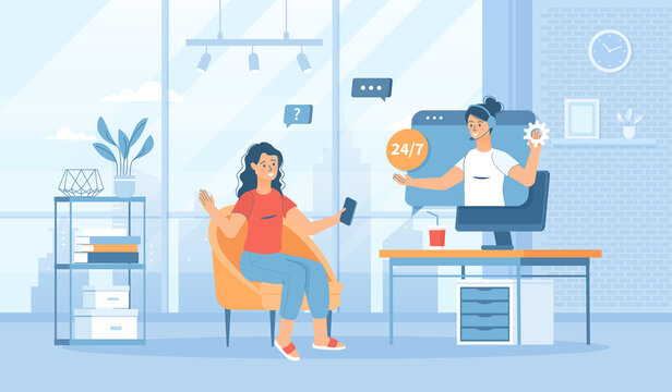 Virtual assistant. Customer support,  call center. Operator consults client and answers questions.Flat cartoon vector illustration with people characters for banner, website design or landing web page