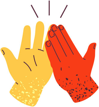 Two hands giving high five for great work. Red and yellow interracial arms clap each other. People team give hand slapping gesture isolated on white background. High five as symbol of friendship