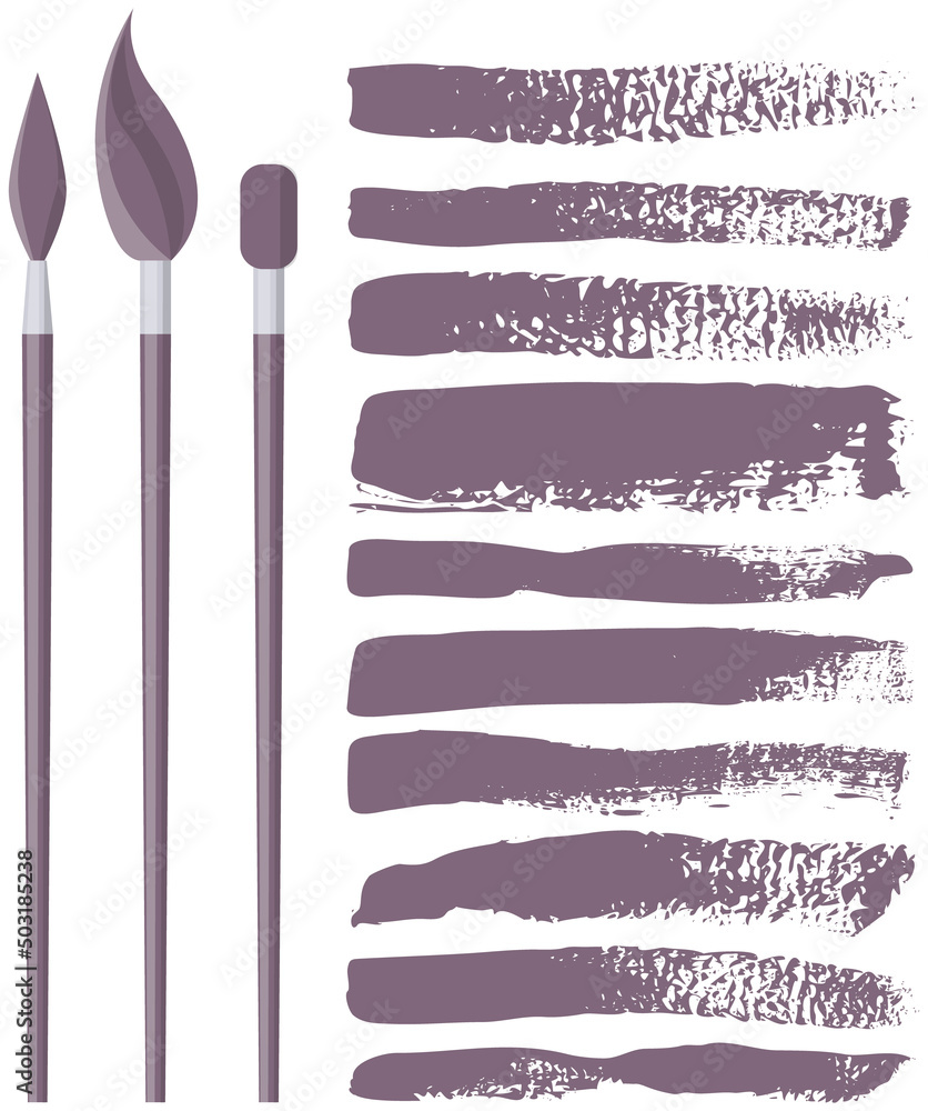 Poster set of different abstract shapes and prints next to art brushes. black design elements isolated on w