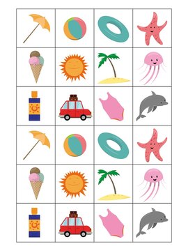 Summer memory game cards with cute beach objects. Matching activity. Remember and find correct picture card. Simple sea vacations printable worksheet for kids