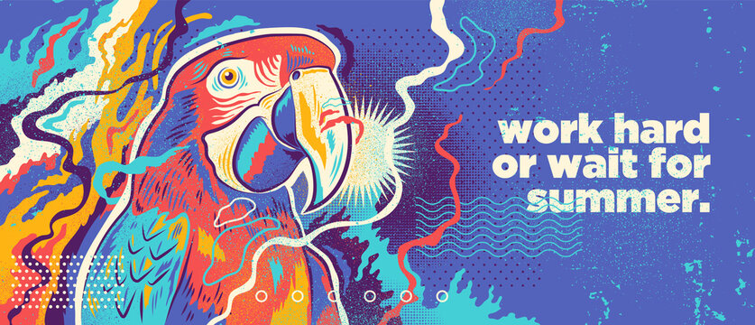 Abstract summer illustration with macaw parrot and colorful splashing shapes. Vector illustration.