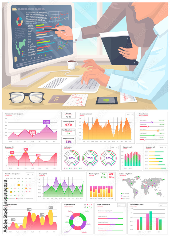 Poster analytics information and business development. web analysis measure, product testing technology. pe