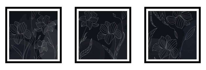 A set with posters depicting flowers in the style of one line. Vector stock illustration. Paintings. Dark background.