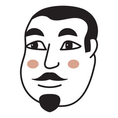 Doodle man face.Hand-drawn line people. Asian man with a mustache.Avatar face.Isolated on white background. Outline vector illustration.