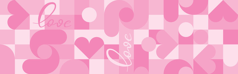 Seamless pink background for Mother's Day card template. Trendy geometric shapes with circles, squares and hearts in retro style for a Valentine's Day or wedding day cover.