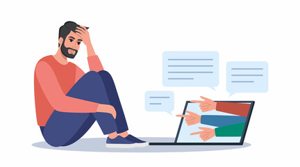 Cyber bullying. Depressed man sitting on the floor, hands with index fingers pointing at him. Opinion and the pressure of society. Shame. Vector illustration.