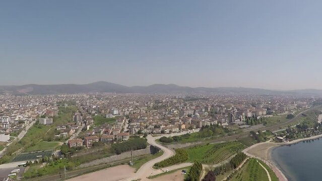 aerial seaside, park and cityscape