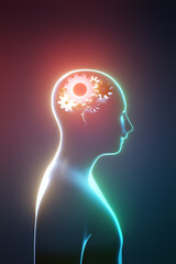 Obraz premium 3D human gear brain glow on dark background. 3D illustration rendering.