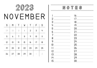 Monthly Calendar November 2023