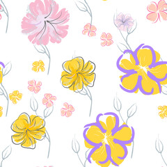 Pink Flowers Blooming Pattern. Pastel Watercolor.