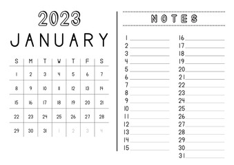 Monthly Calendar January 2023