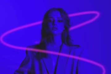 girl from generation z on a blue background at night in neon