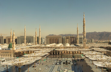 View overlooking the Al Masjid Al Abawi Mosque in Medina, Saudi Arabia.The second holiest site in...
