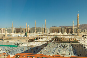 View overlooking the Al Masjid Al Abawi Mosque in Medina, Saudi Arabia.The second holiest site in...