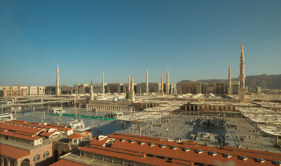 View overlooking the Al Masjid Al Abawi Mosque in Medina, Saudi Arabia.The second holiest site in...