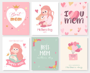 Mother's Day greeting cards in cute cartoon style. Set of 6 vector illustrations with different backgrounds, balloons, hearts, mother with a child and text.