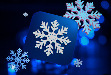 3D weather, snowflake app icon on beautiful bokeh background
