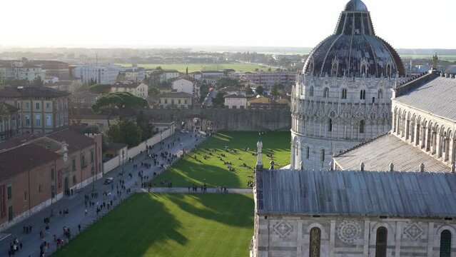 High Angle view of Cathedral Santa Maria Assunta. Aerial view of Piazza Dei Miracoli in Pisa. Holiday in Italy, famous landmark. Sightseeing in Tuscany.