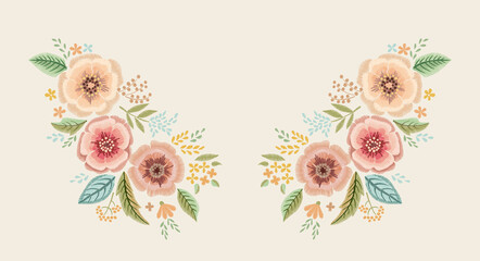 Embroidered flowers on a white background. Vector floral neckline design. - 503188627
