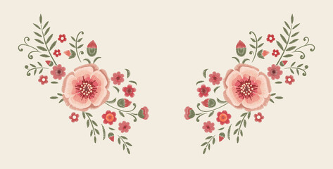 Design element of embroidered flowers. Vector floral neckline design. - 503188629