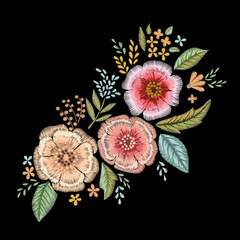 Embroidered wildflowers on a black background. Vector floral neckline design. - 503188634