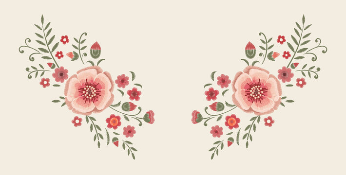 Design element of embroidered flowers. Vector floral neckline design.