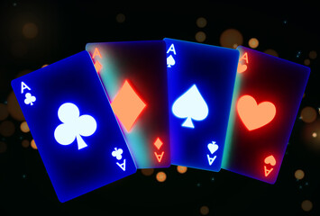 Glowing casino cards game on dark black background - 3d render. Flying cards for online casinos and mobile gambling applications, poker - winner, wealth concept.