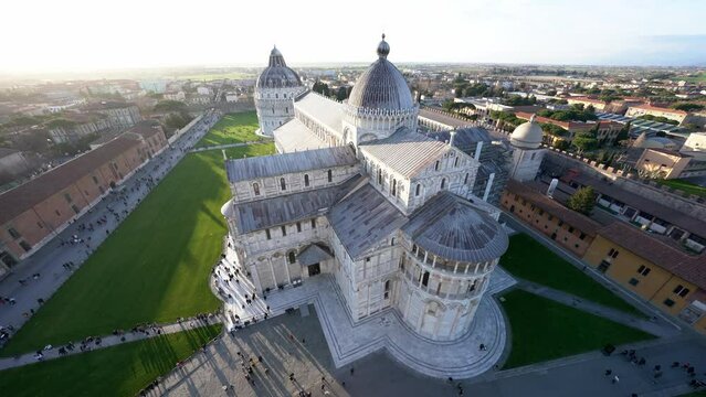 Aerial view of Piazza Dei Miracoli in Pisa. Holiday in Italy, famous landmark. Sightseeing in Tuscany. High Angle view of Cathedral Santa Maria Assunta