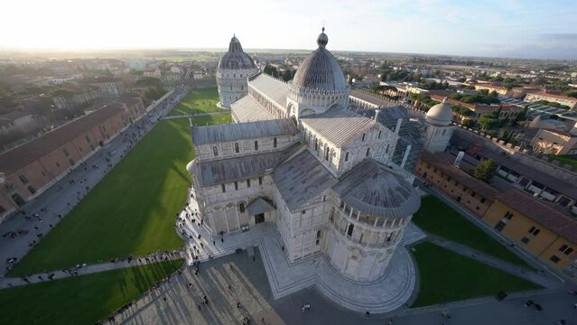 High Angle view of Cathedral Santa Maria Assunta. Aerial view of Piazza Dei Miracoli in Pisa. Holiday in Italy, famous landmark. Sightseeing in Tuscany.