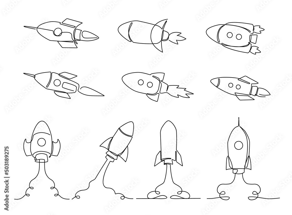 Wall mural one line rocket. space ship launch, simple rockets flying into universe and spacecraft sketch vector