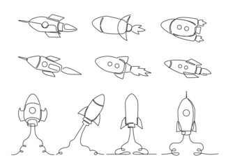 One line rocket. Space ship launch, simple rockets flying into universe and spacecraft sketch vector illustration set © WinWin