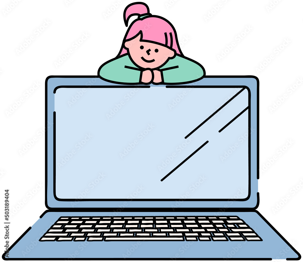Poster lady on portable personal computer. girl uses smart screen device with keyboard. technology item, gr