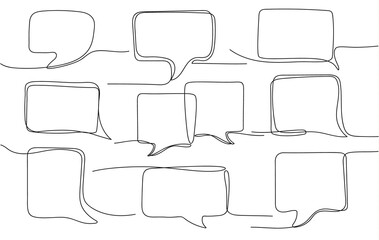 One line speech bubble. Comment template, opinion text messages and chat square and rectangular frames continuous lines vector set