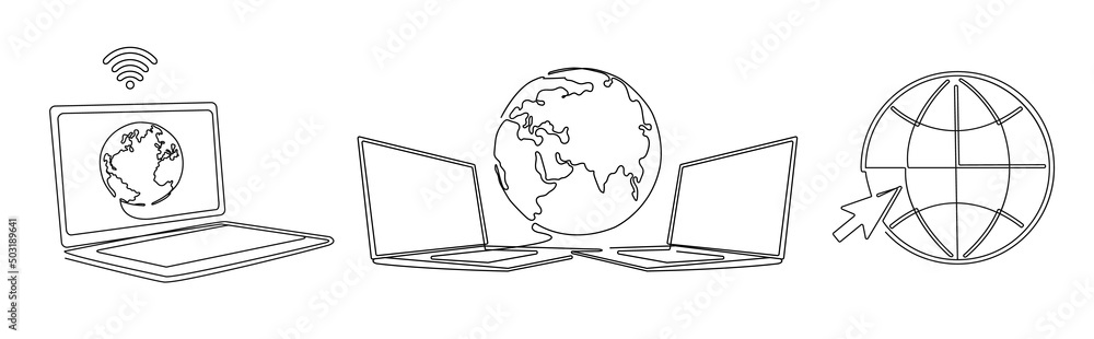 Poster world with connected computers. one line laptop with worldwide intertet, globe access computers and 