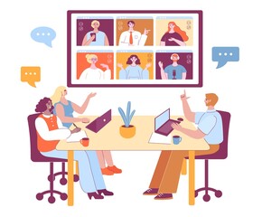 Office and remote teams meeting. Foreign business partners online conference, virtual team and workplace video call vector illustration