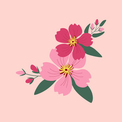 Beautiful bouquet of bright pink flowers. Floral composition of summer plants on an isolated pale pink background. Vector illustration in flat style
