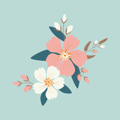 Lovely floral composition for wedding invitations. Vector botanical illustration. Bouquet of white and pink flowers with brown twigs on a blue isolated background