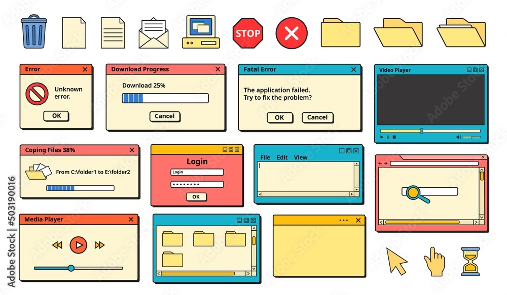 Poster nostalgic 90s ui. retro error messages, old computer icons and app windows vector set